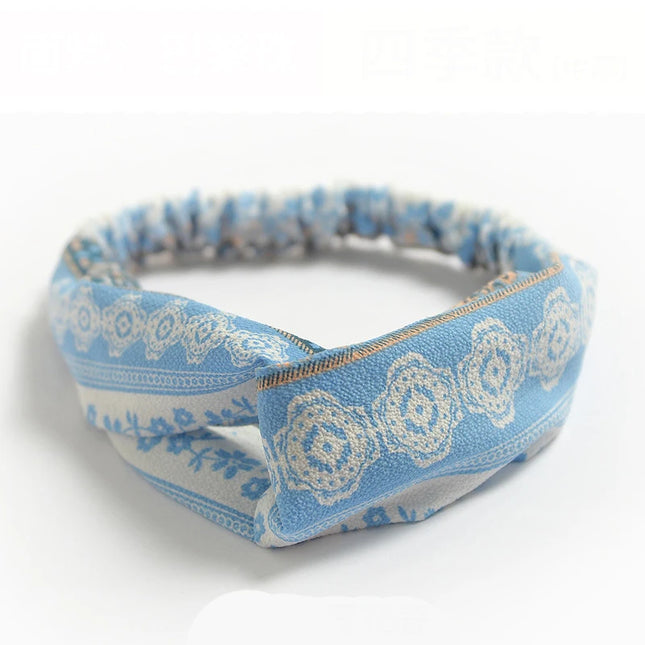 Vintage Boho Printed Cross Turban Headband – Wide Stretchy Fabric Band