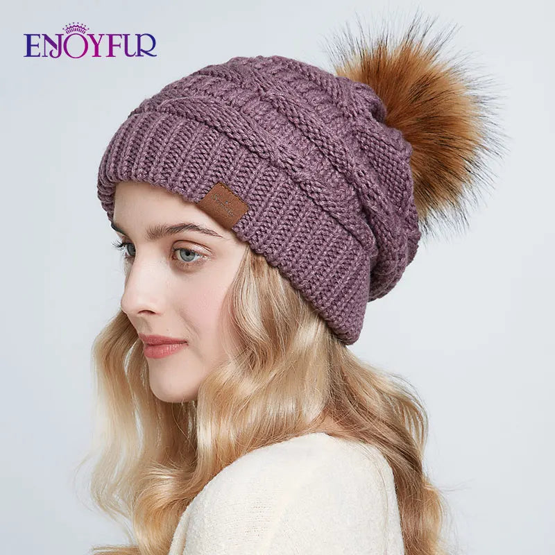 Women’s Faux Fur Pom Slouchy Knit Beanie