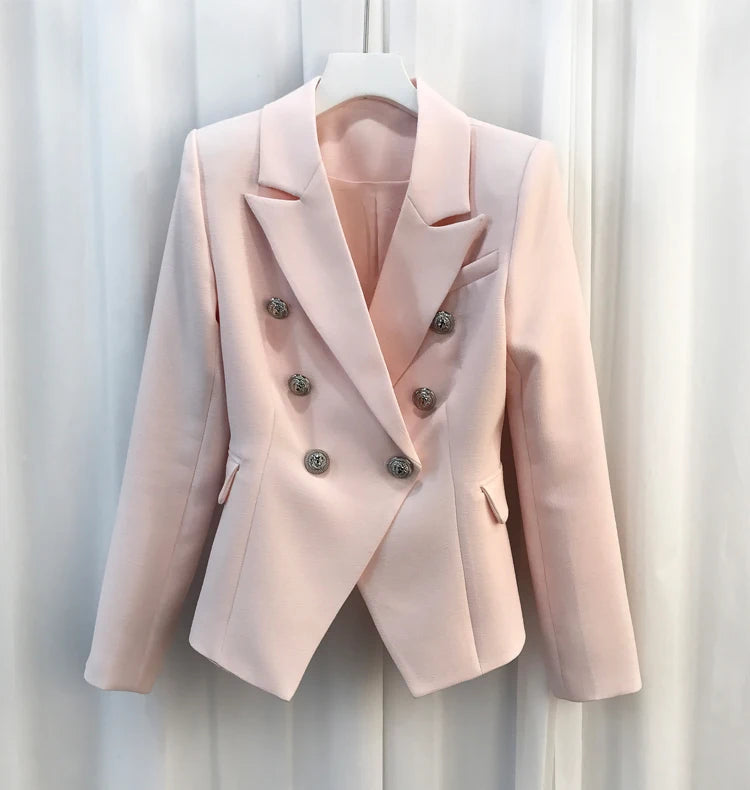 Baroque Double-Breasted Women's Blazer with Silver Lion Buttons