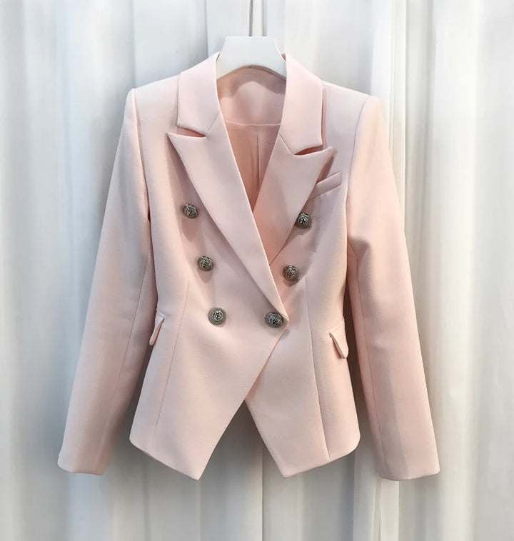 Baroque Double-Breasted Women's Blazer with Silver Lion Buttons-HighTouch