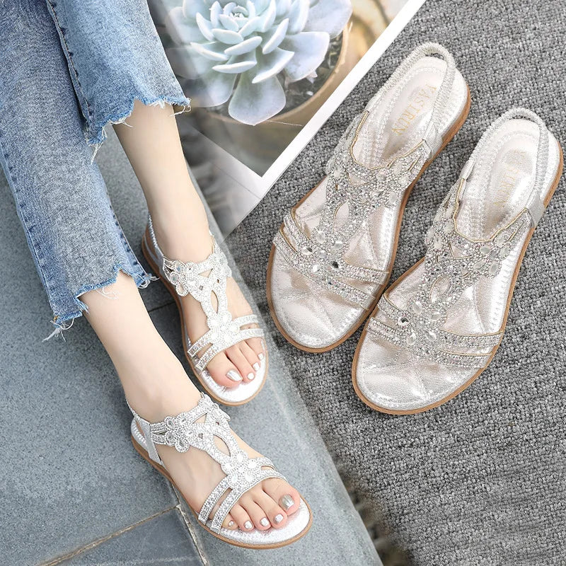 Bohemian Rhinestone Flat Sandals – Comfortable Summer T-Strap for Women