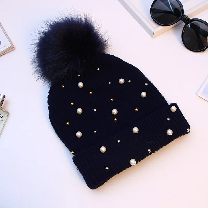 Pearl & Rhinestone Pom Pom Beanie-HighTouch