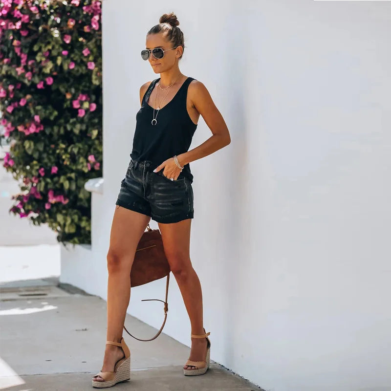 Black High-Waist Elastic Denim Shorts – Summer Casual for Women