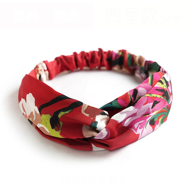 Vintage Boho Printed Cross Turban Headband – Wide Stretchy Fabric Band