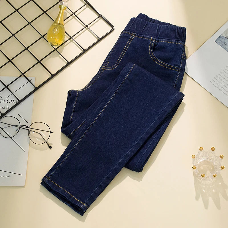 Black Elastic-Waist Slim Stretch Jeans – 6XL High-Waist Ankle-Length-HighTouch