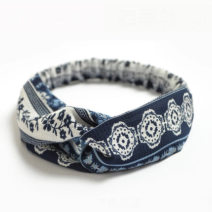 Vintage Boho Printed Cross Turban Headband – Wide Stretchy Fabric Band