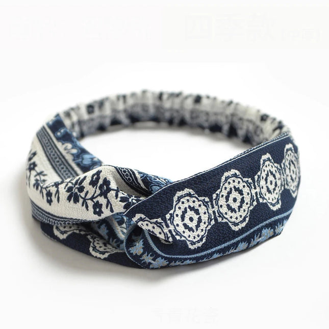 Vintage Boho Printed Cross Turban Headband – Wide Stretchy Fabric Band