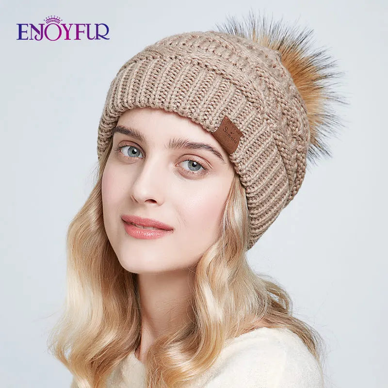 Women’s Faux Fur Pom Slouchy Knit Beanie