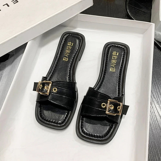 Stylish Outdoor PU Slippers with Gold Buckle – All-Season Comfort | Model 221
