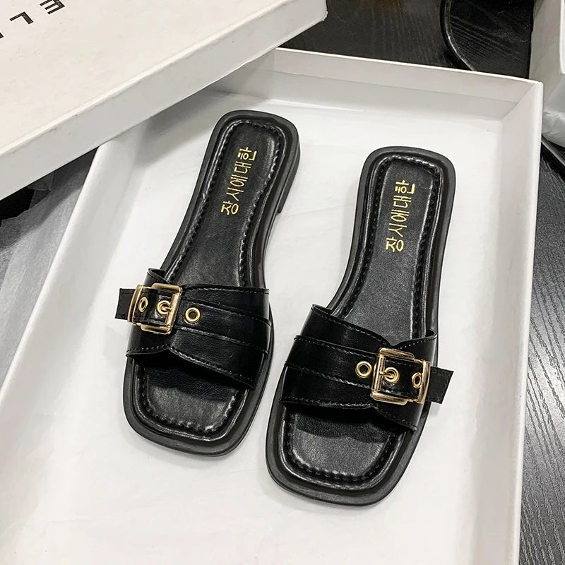 Stylish Outdoor PU Slippers with Gold Buckle – All-Season Comfort | Model 221-HighTouch
