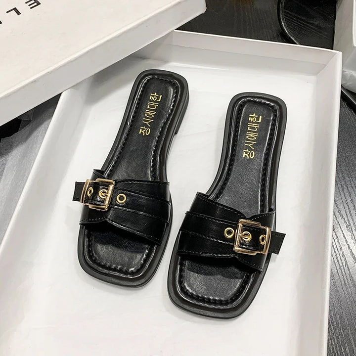 Stylish Outdoor PU Slippers with Gold Buckle – All-Season Comfort | Model 221-HighTouch