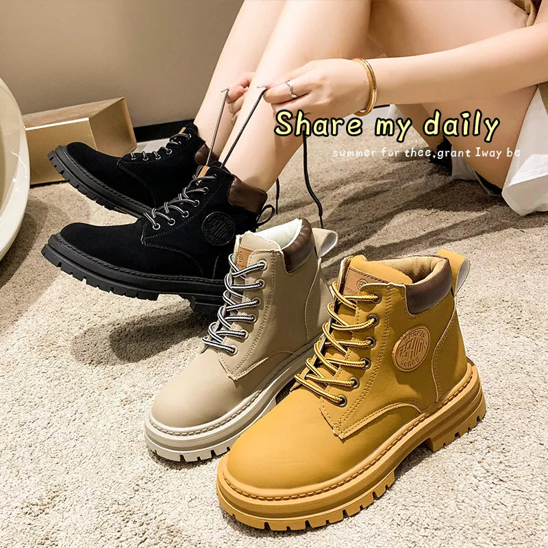 Women’s Tricolor Lace-Up Chunky Heel Ankle Boots – British Style