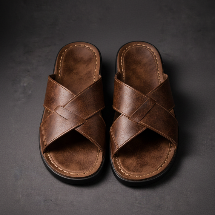 Women's Wide Strap Leather Sandals - Casual Open Toe Flat Slides