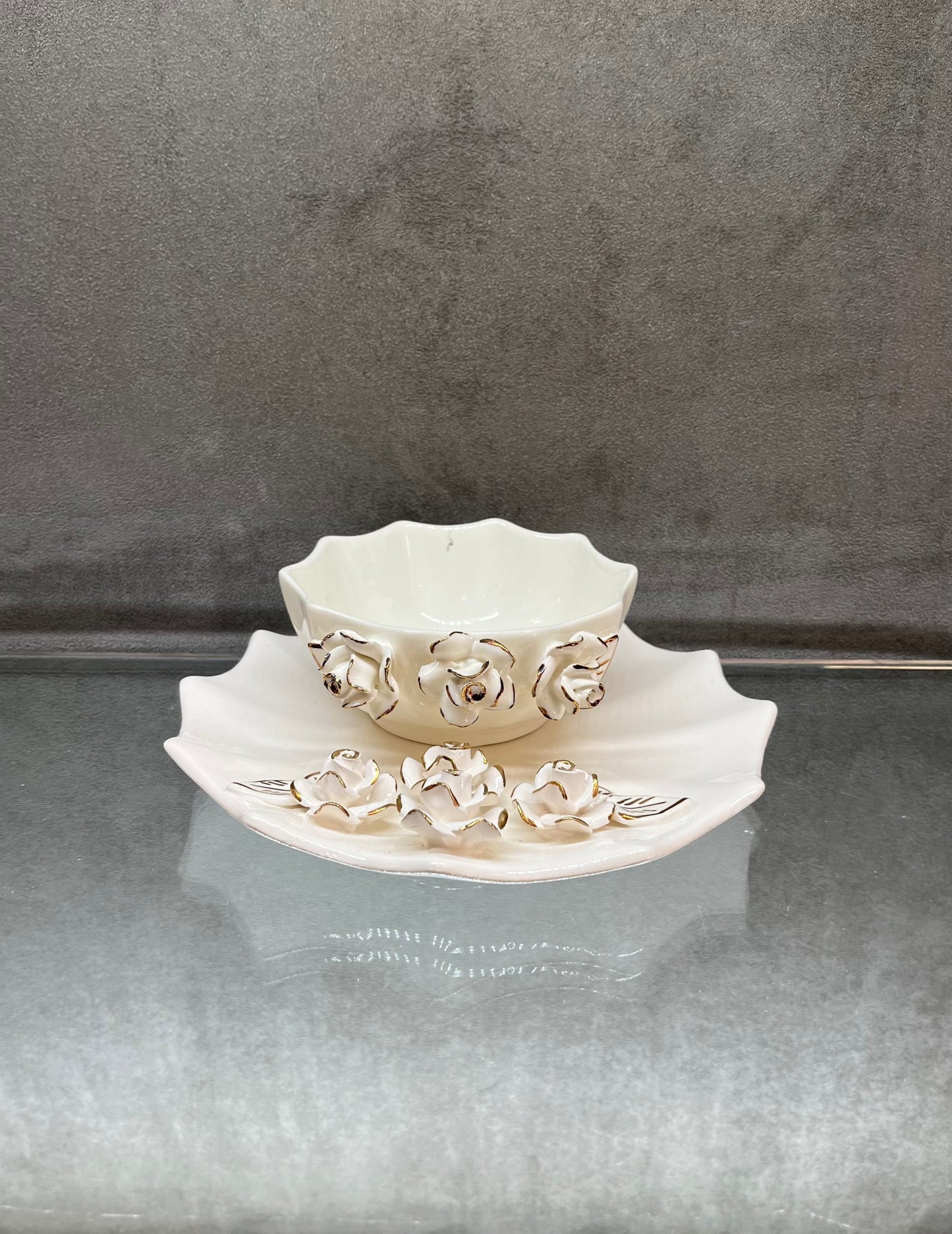 White Ceramic Flower Plate+Bowl