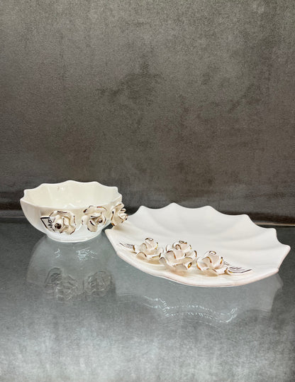 White Ceramic Flower Plate+Bowl