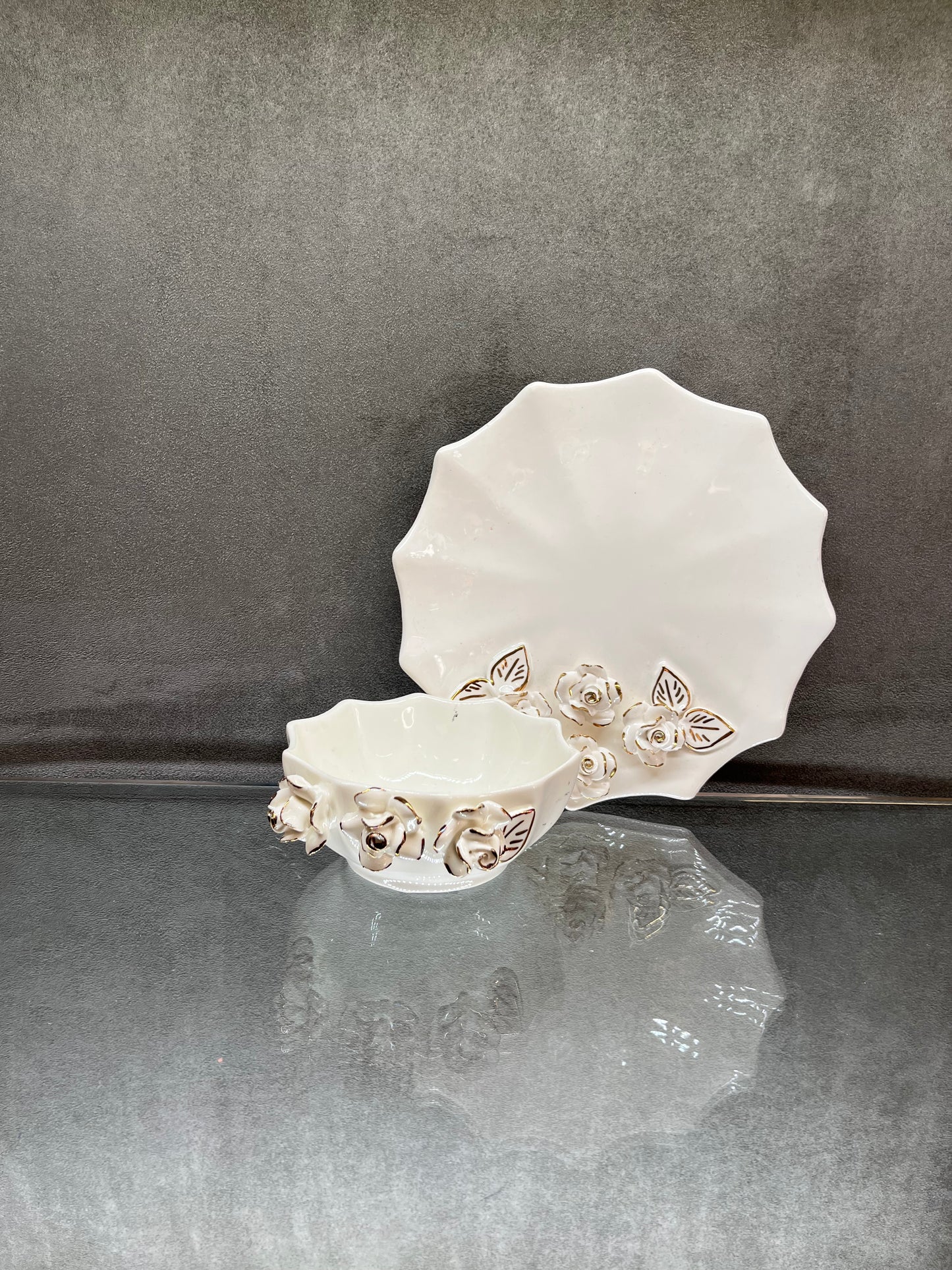 White Ceramic Flower Plate+Bowl - HighTouch 