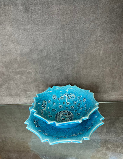 Glazed Blue Craved Fish Bowl with Plate
