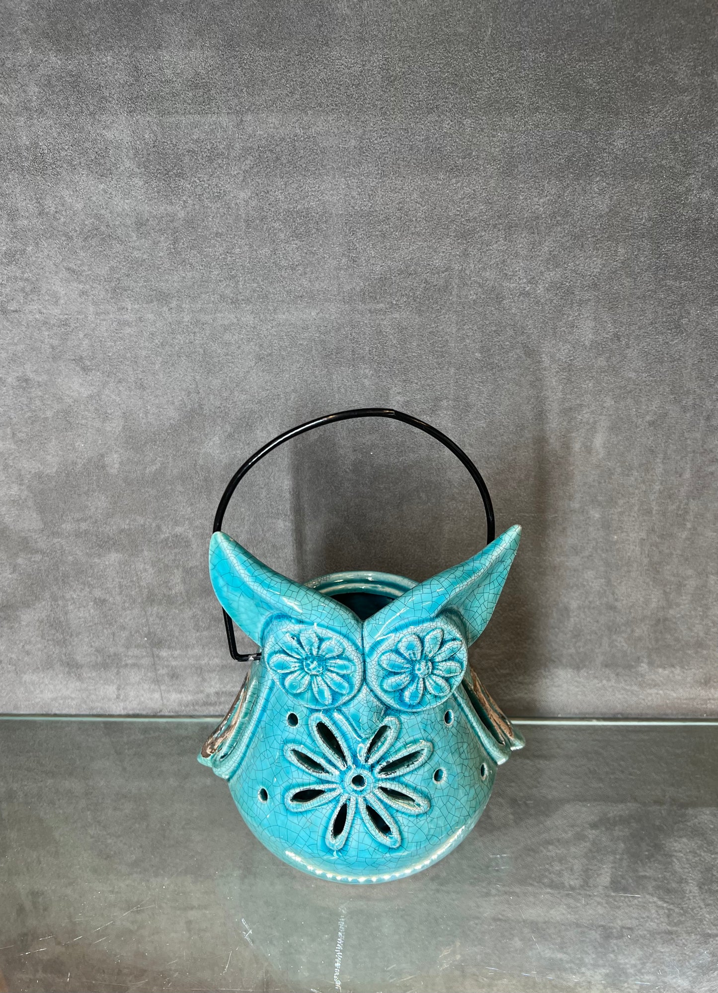 Glazed Blue Owl Hanging Pot