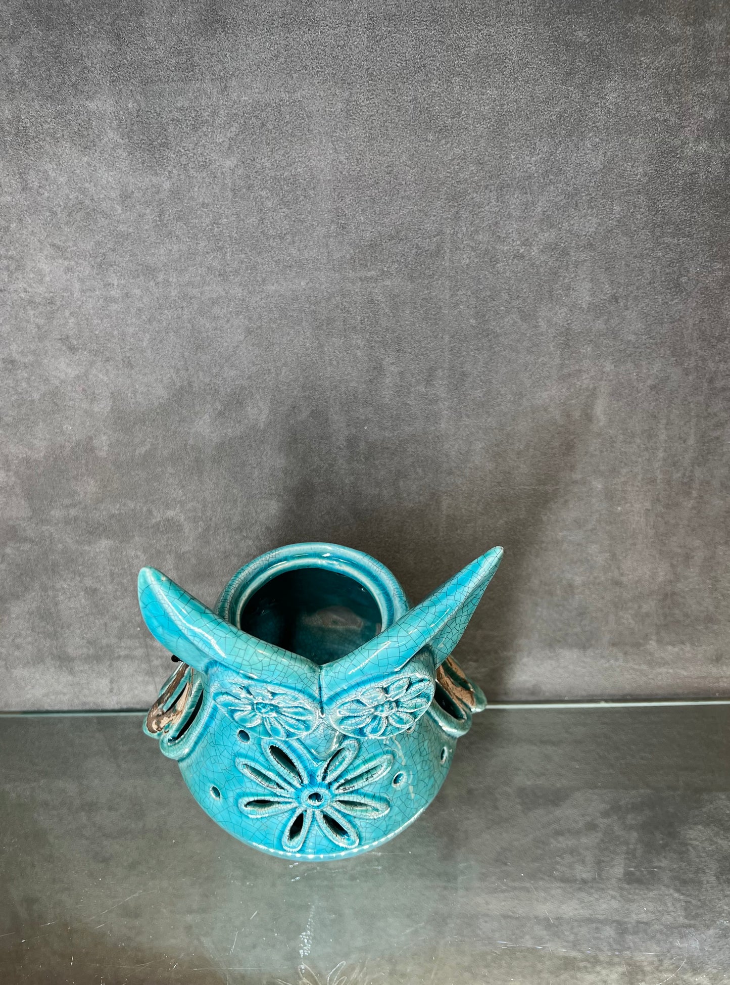 Glazed Blue Owl Hanging Pot