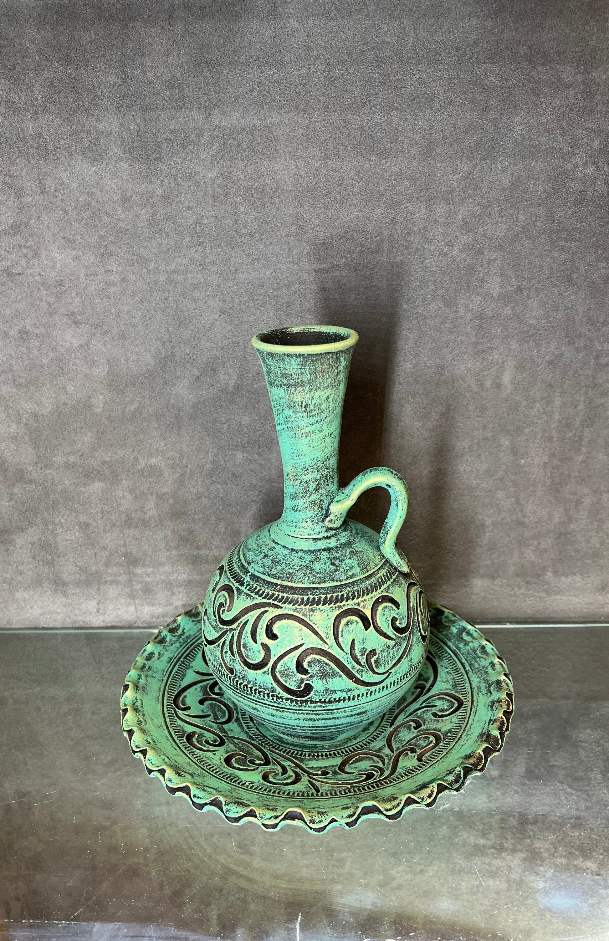 Sea Green Ceramic Plate+Vase - HighTouch 