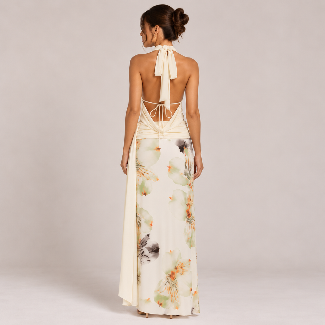 Soar | Light Yellow Halter Crop Top & Wrap Maxi Skirt Set