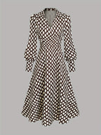 Women's Vintage Rhombus Print Dress Short Sleeve A-Line Casual
