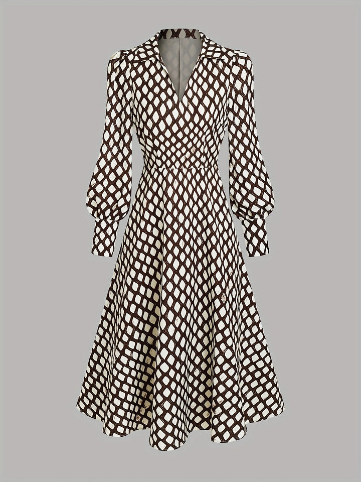 Women's Vintage Rhombus Print Dress Short Sleeve A-Line Casual