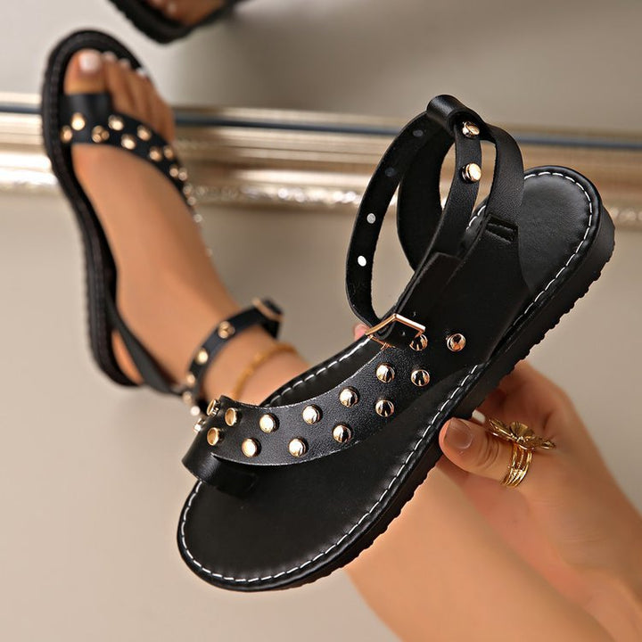 Women's Studded Leather Flat Sandals with Ankle Strap