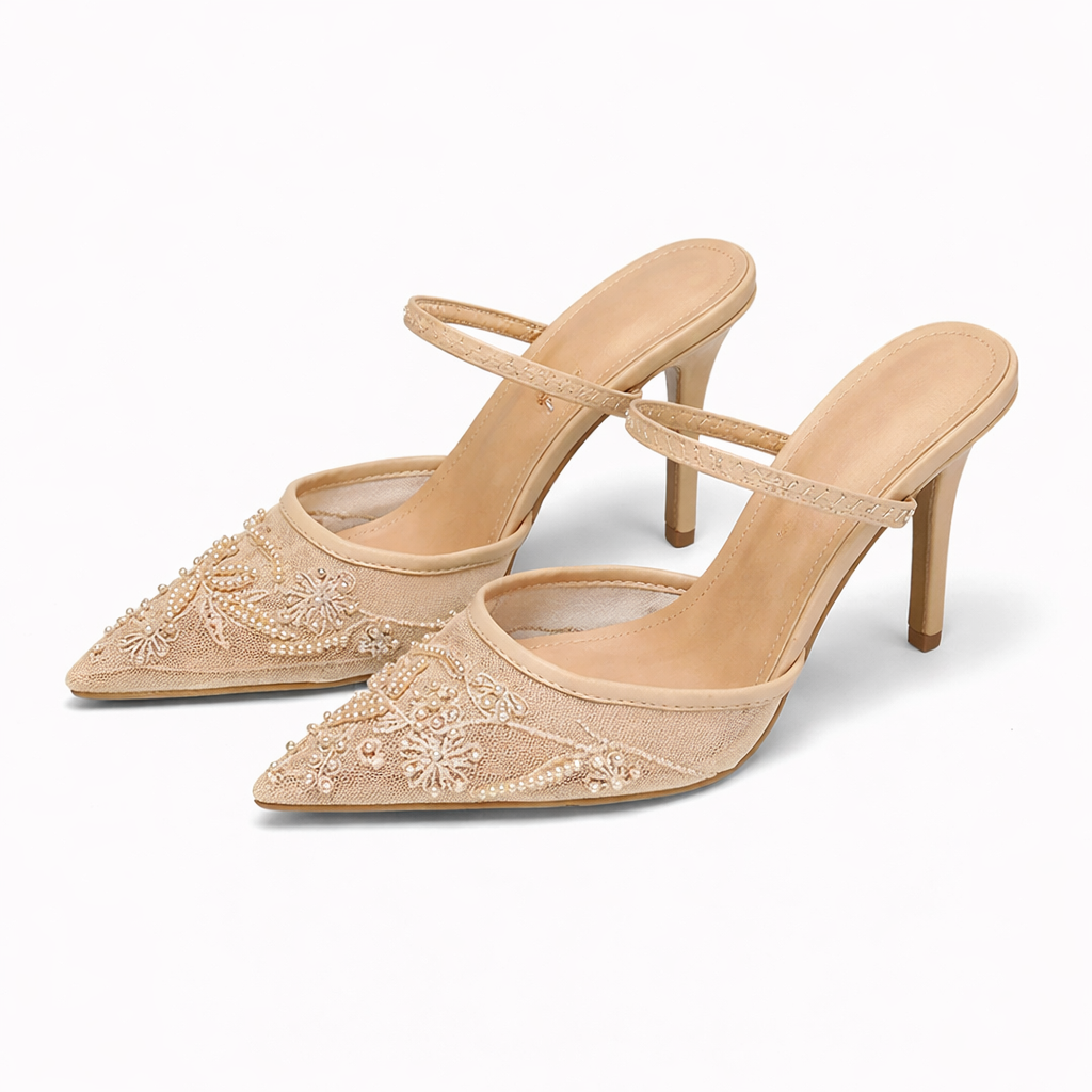 Arabellas | Embroidered Mesh Mule Heels Pointed Toe Wedding Guest