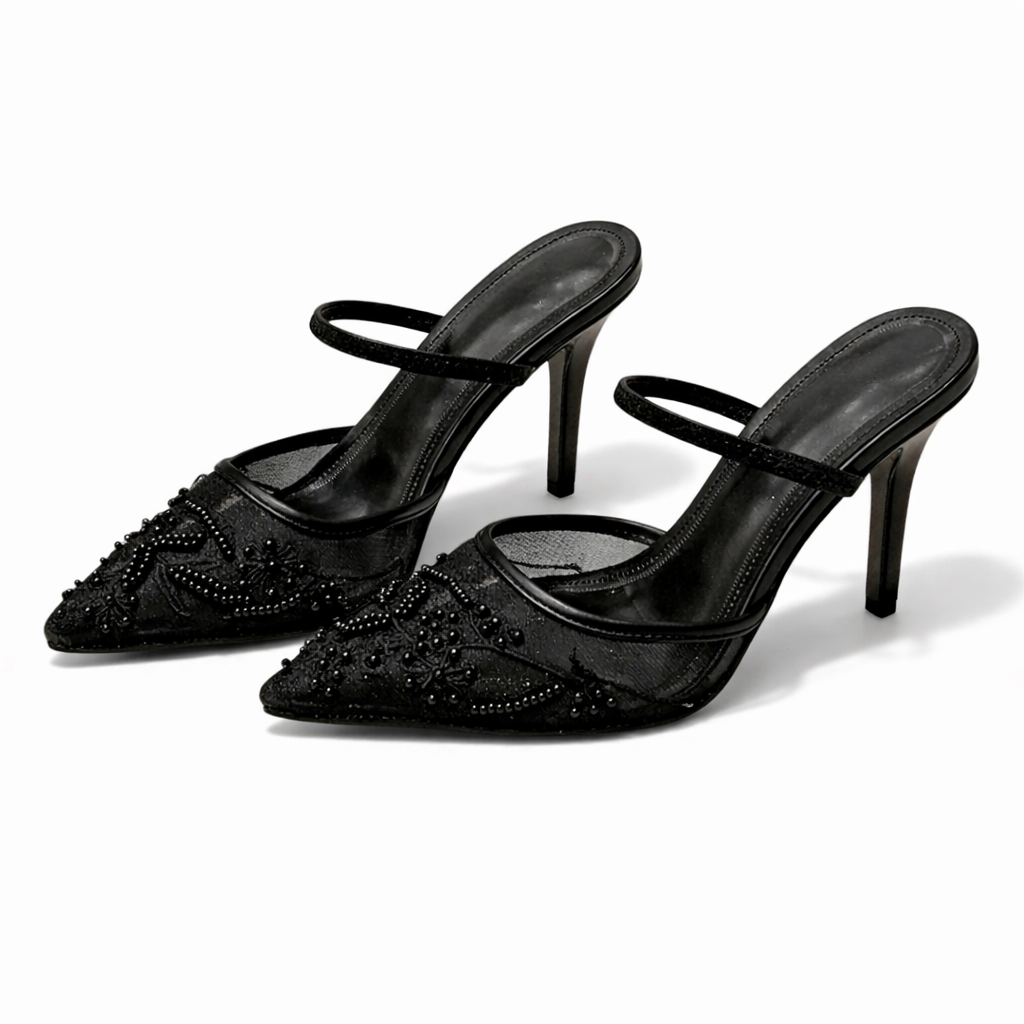Arabellas | Embroidered Mesh Mule Heels Pointed Toe Wedding Guest