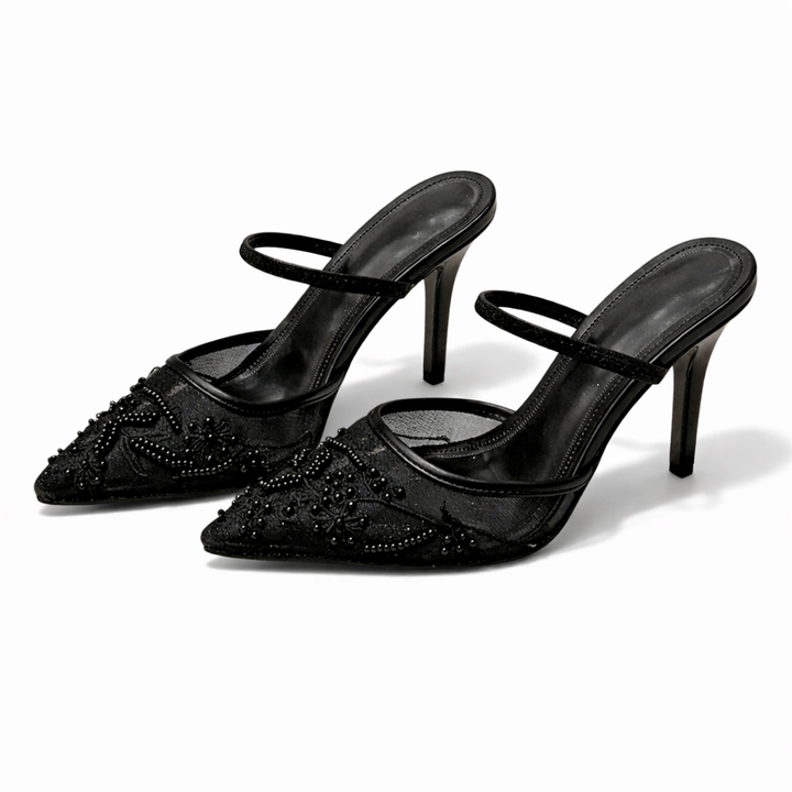 Arabellas | Embroidered Mesh Mule Heels Pointed Toe Wedding Guest