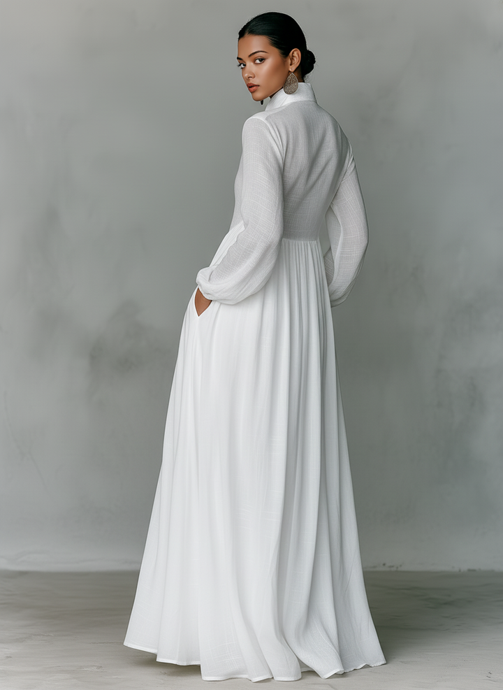 Women's Maxi Dress Cotton Linen Patchwork Stand-Up Collar Long Sleeve Casual Wear