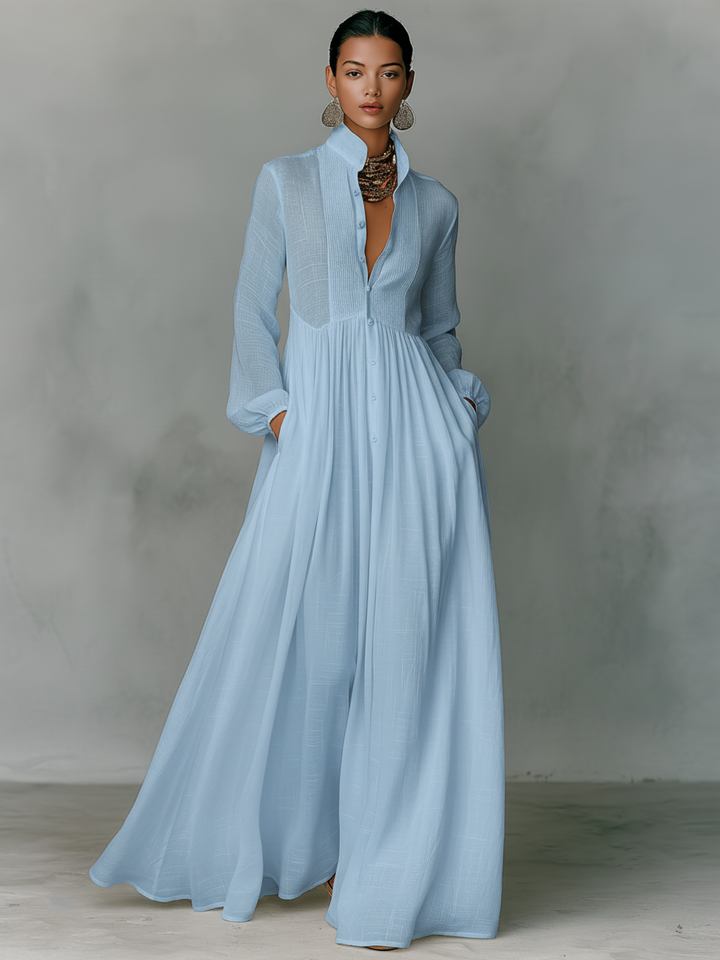 Women's Maxi Dress Cotton Linen Patchwork Stand-Up Collar Long Sleeve Casual Wear