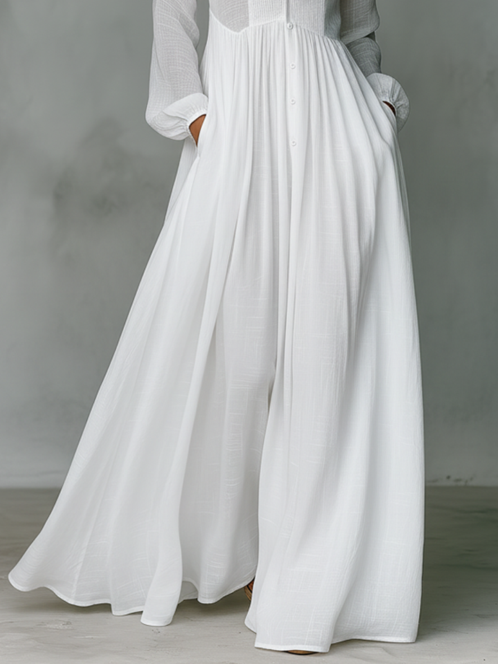 Women's Maxi Dress Cotton Linen Patchwork Stand-Up Collar Long Sleeve Casual Wear