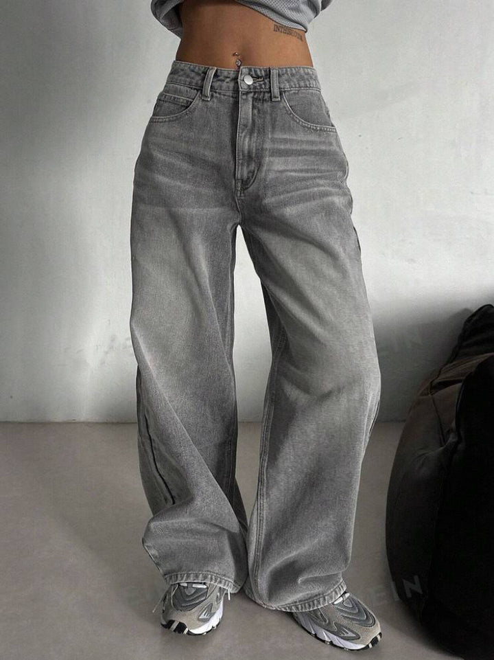 Cement Grey High-Waisted Straight Leg Jeans – Slimming Narrow Retro Fit-HighTouch