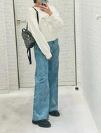 High Waist Diamante Grid Embroidery Straight-Leg Jeans – Soft Logo Detail-HighTouch