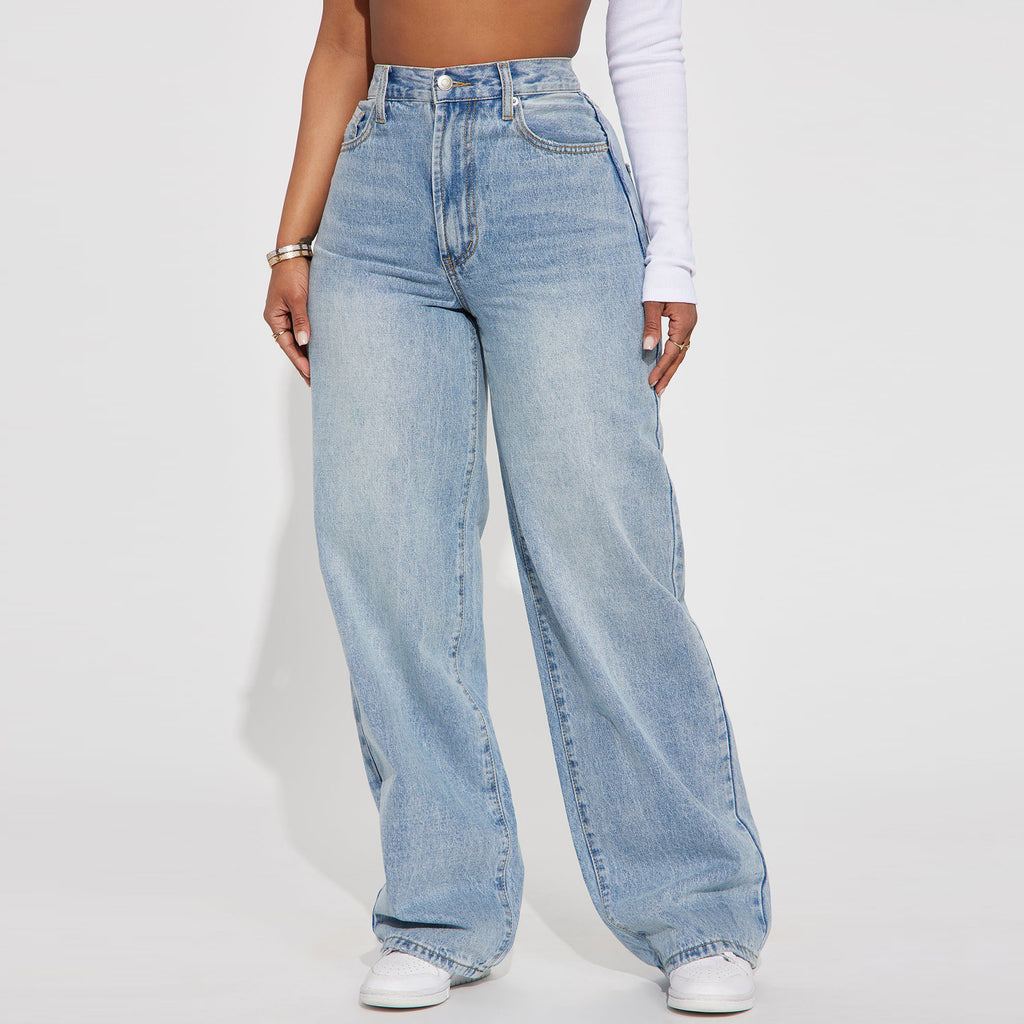 Light Blue High-Waisted Straight-Leg Jeans – Vintage Wash Comfort-HighTouch