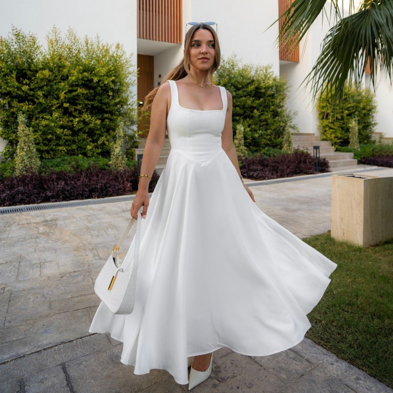 Summer Dress Square-Neck Halter Maxi Dress – Chic Cinched Waist & Backless
