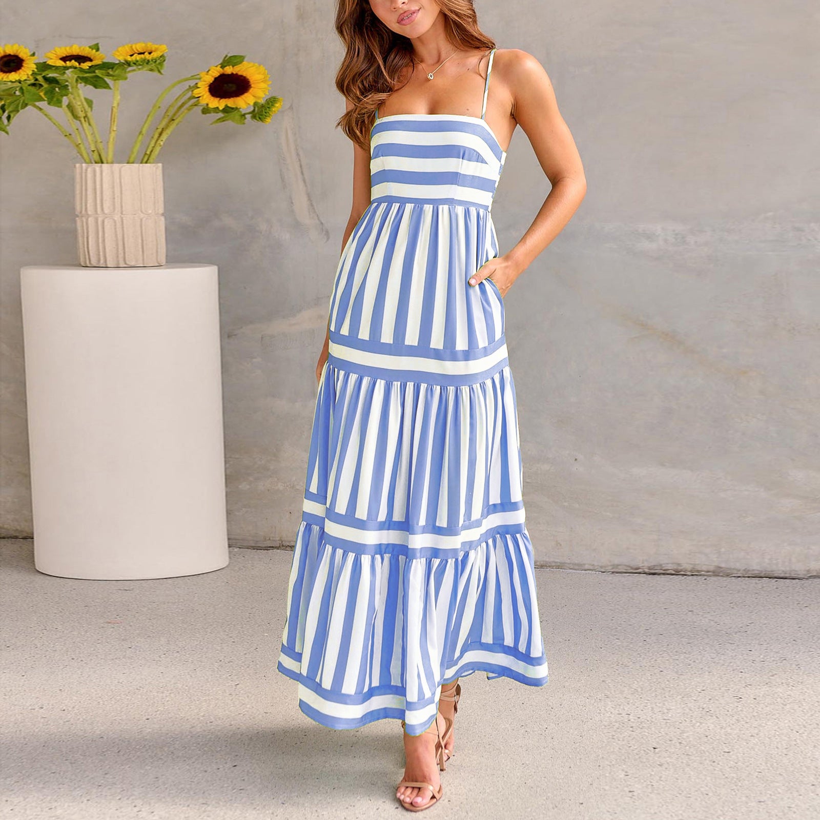 Striped Halter Dress – Sexy Adjustable Buckle & Button Accents-HighTouch