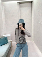 High Waist Diamante Grid Embroidery Straight-Leg Jeans – Soft Logo Detail-HighTouch