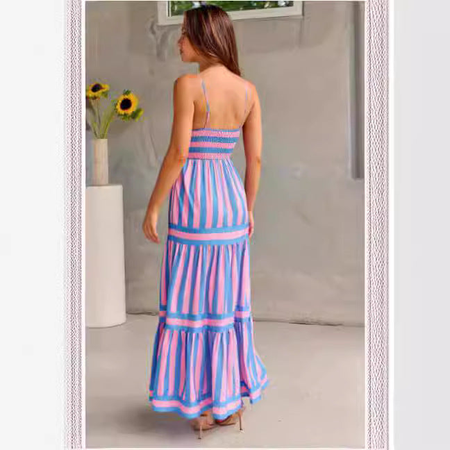 Striped Halter Dress – Sexy Adjustable Buckle & Button Accents-HighTouch
