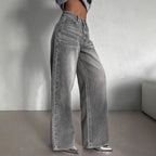 Cement Grey High-Waisted Straight Leg Jeans – Slimming Narrow Retro Fit-HighTouch