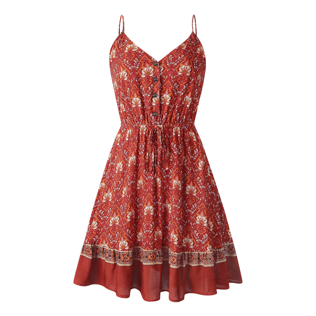 Retro Pleated Sleeveless V-Neck Halter Short Dress Women-HighTouch