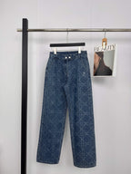 High Waist Diamante Grid Embroidery Straight-Leg Jeans – Soft Logo Detail-HighTouch