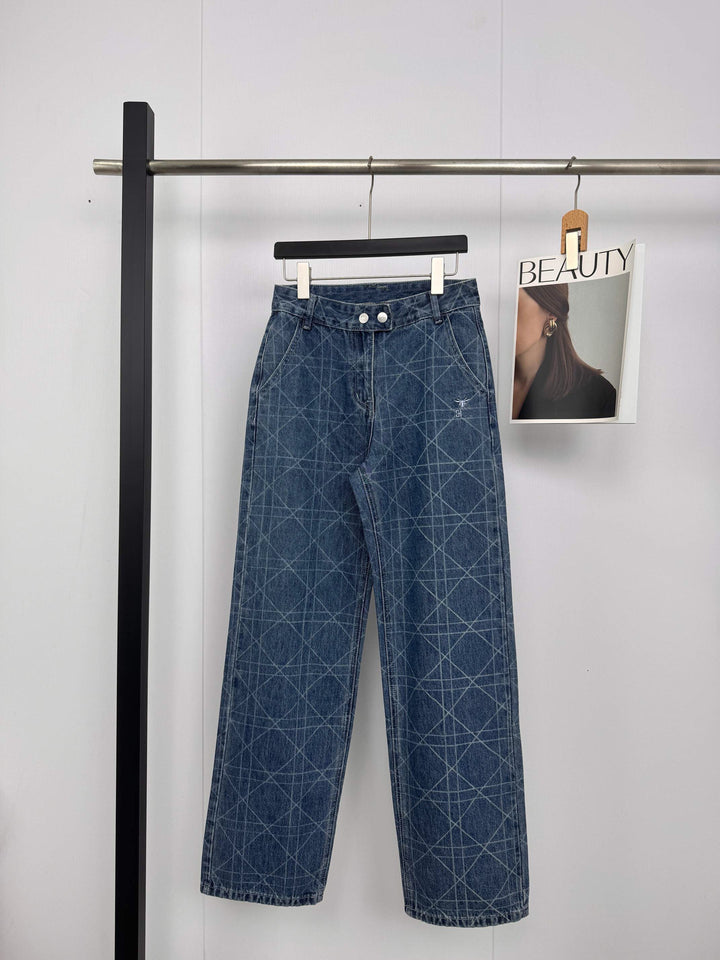 High Waist Diamante Grid Embroidery Straight-Leg Jeans – Soft Logo Detail-HighTouch