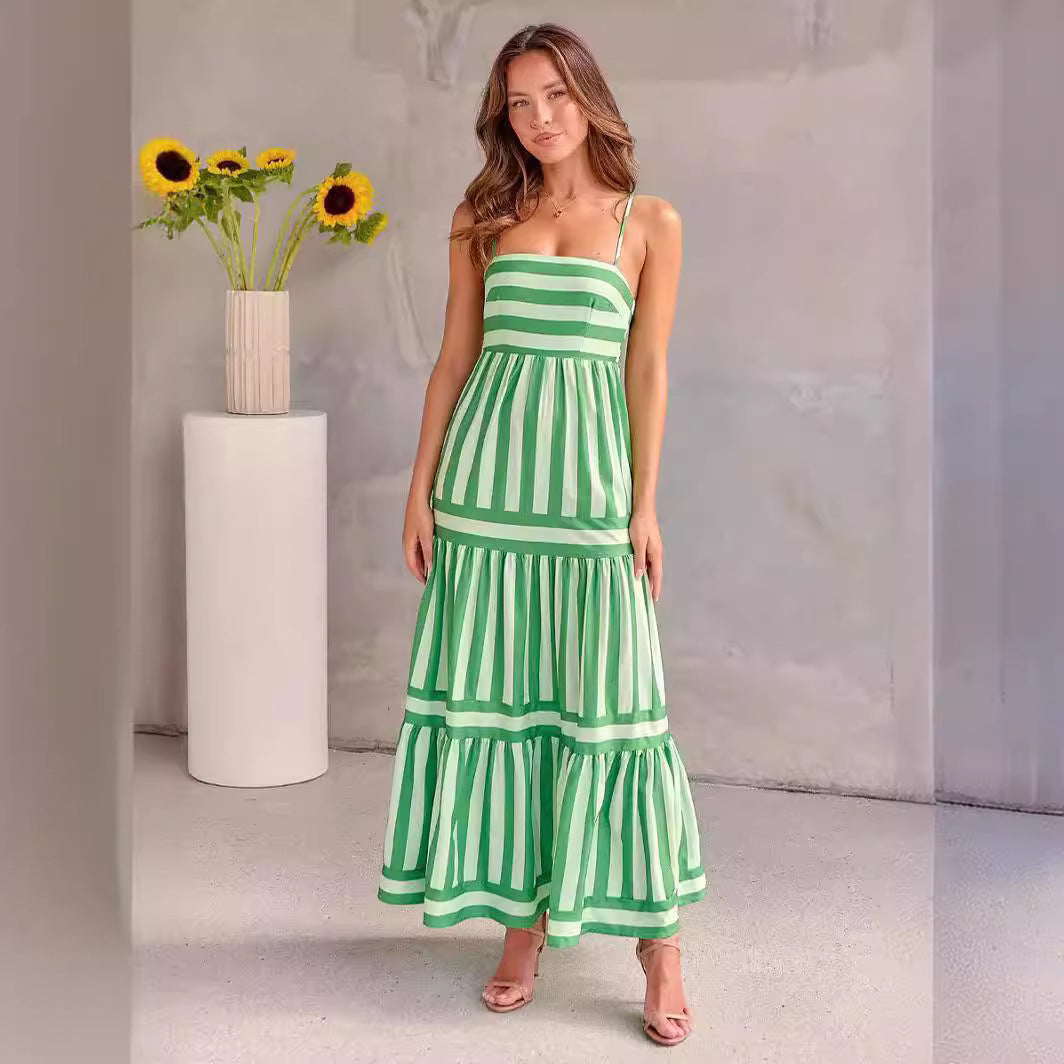 Striped Halter Dress – Sexy Adjustable Buckle & Button Accents-HighTouch