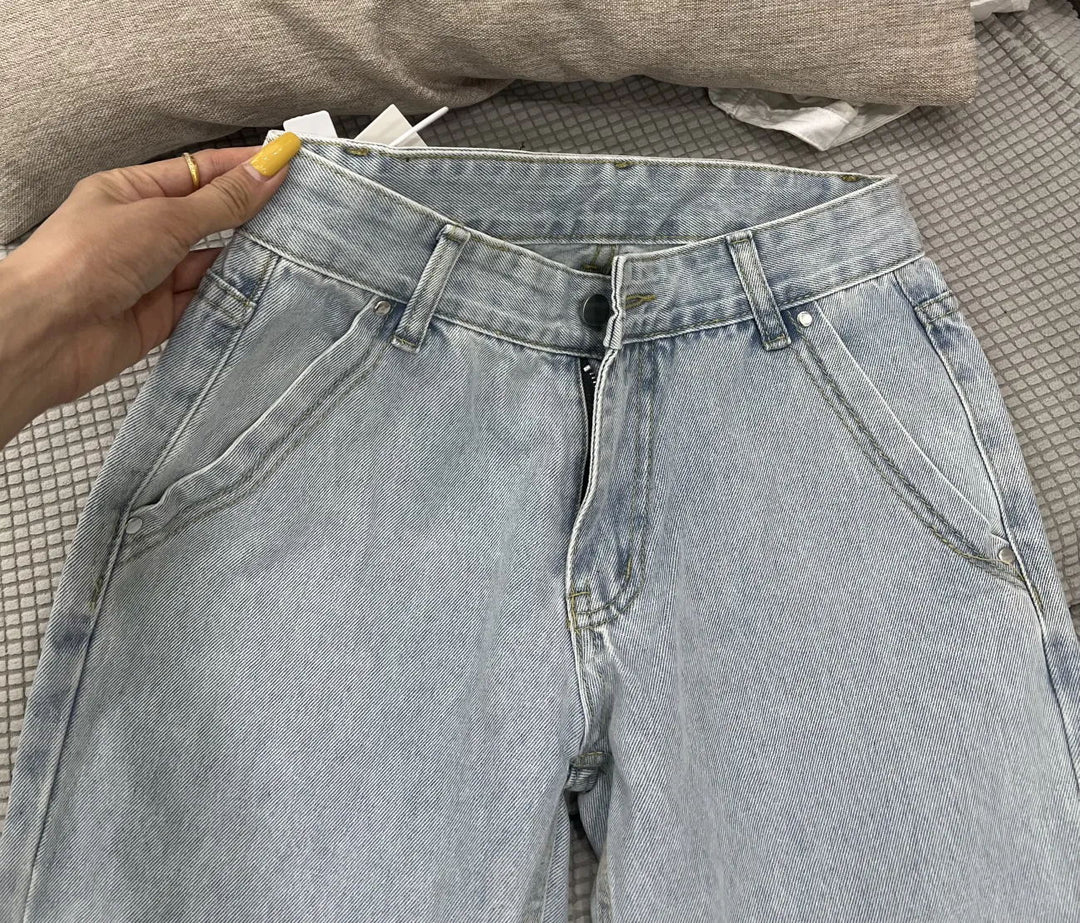 Light Blue Low-Rise Y2K Baggy Straight Jeans – Floor-Length Retro Street Style-HighTouch