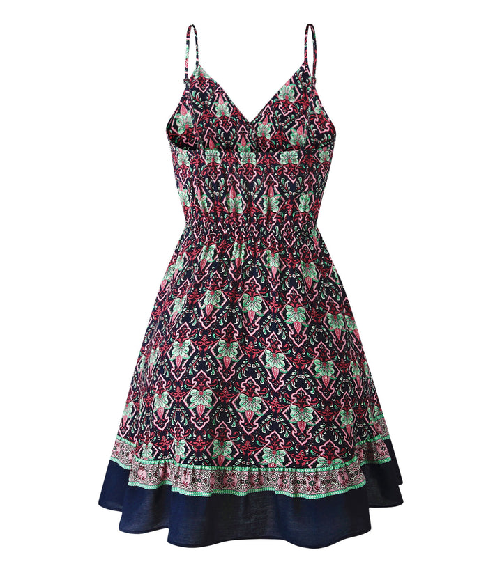 Retro Pleated Sleeveless V-Neck Halter Short Dress Women-HighTouch