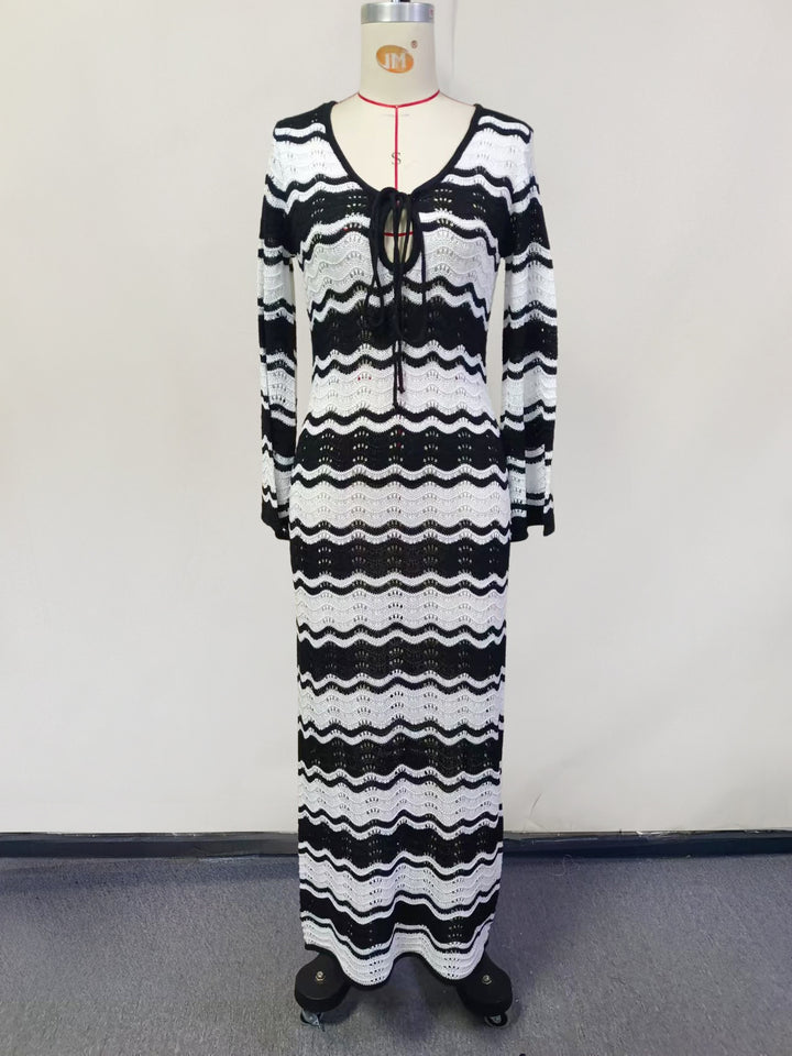 Striped Perforated Beach Cover-Up Dress Women-HighTouch