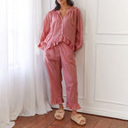 Ruffled Button Top & Wide-Leg Pants Set – Elegant Autumn Two-Piece-HighTouch